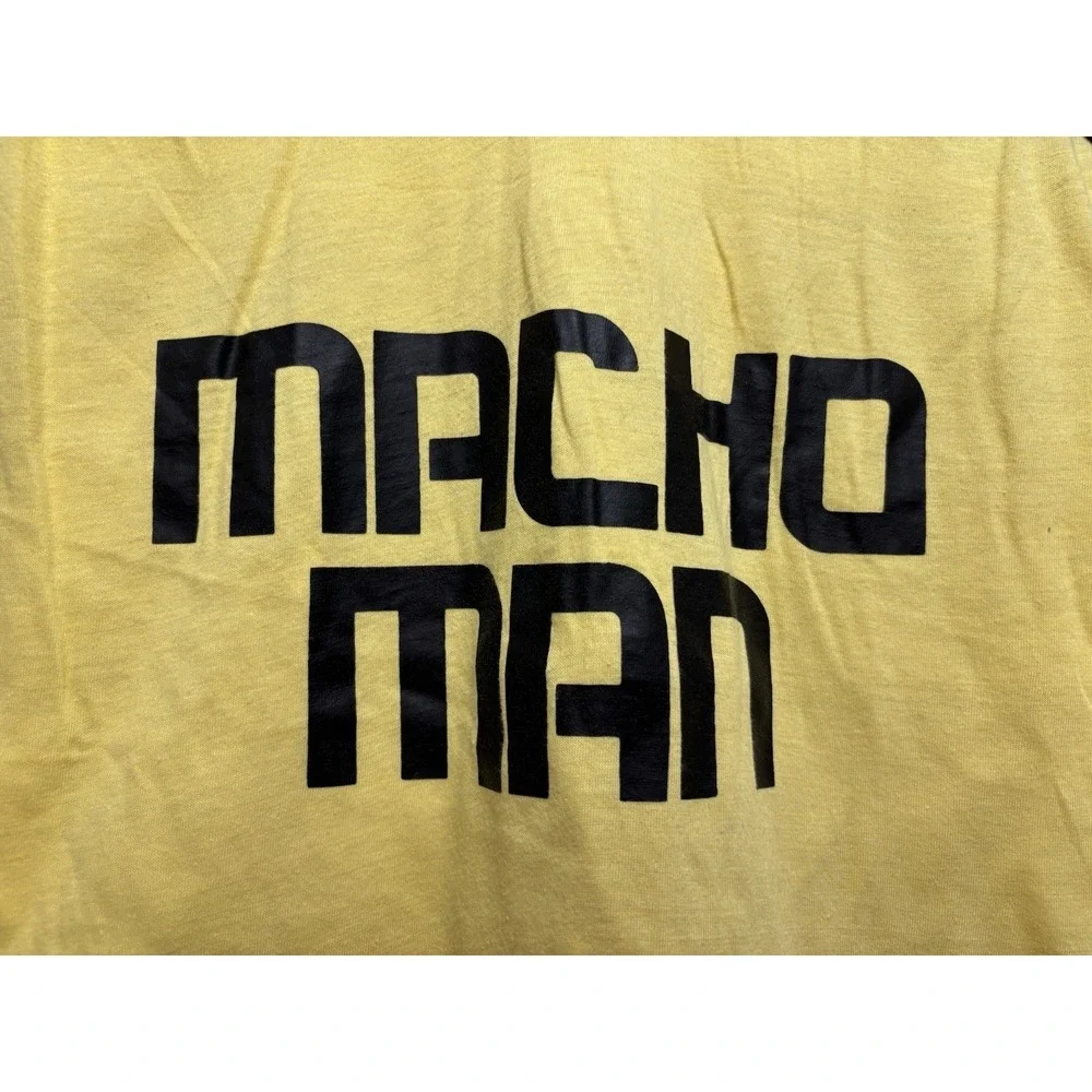Vintage Yellow Tank Top with Black Trim and 'Macho Man' Graphic